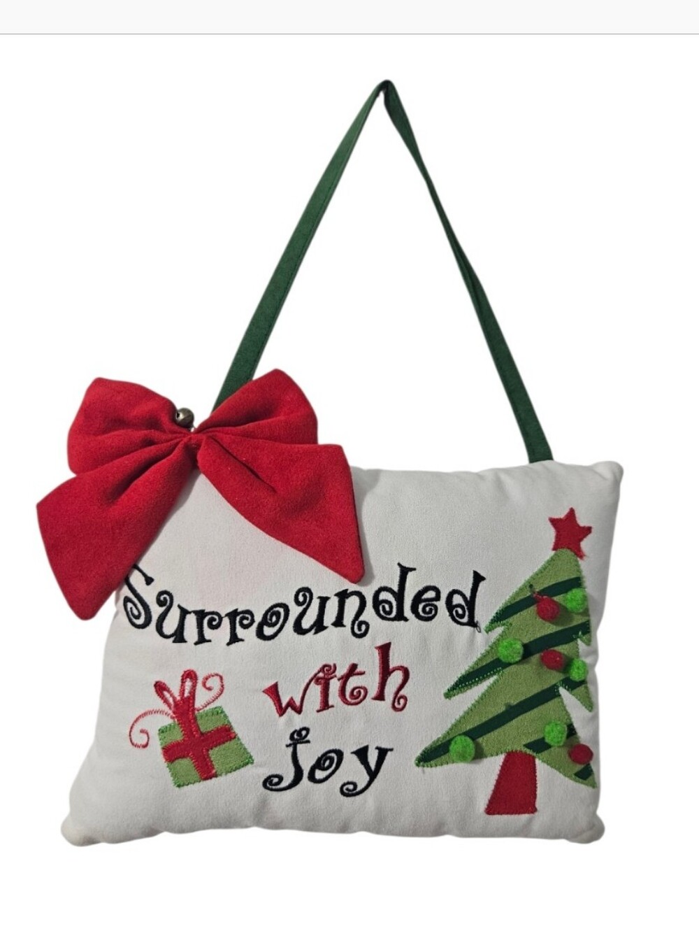 Christmas Door Knob 8" Pillow "Surrounded with Joy" with Tree and Gift